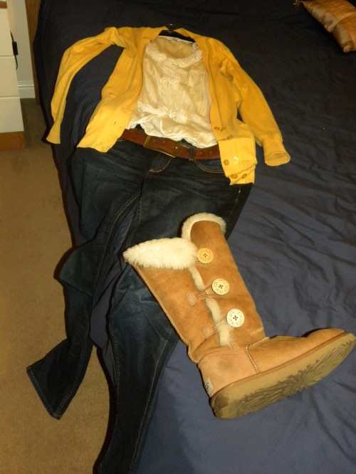 Yellow Cardigan, Jeans and UGG boots